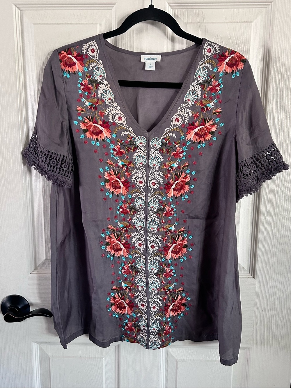 Sundance Colorful Floral Lace Embroidery Top Blouse Silky Cupro Boho Reas